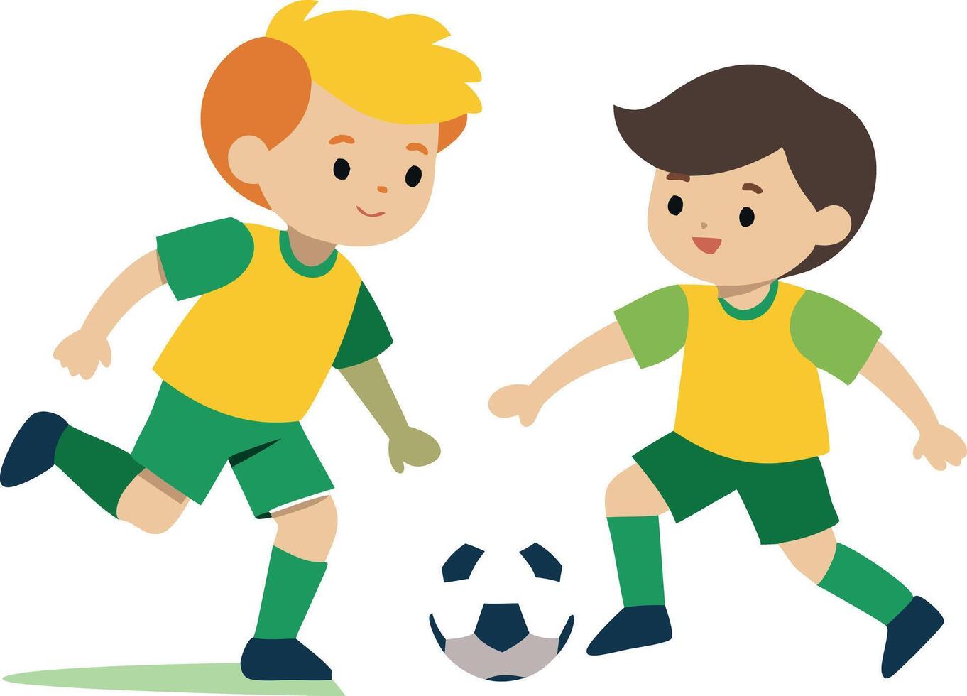 Two young boys playing soccer vector