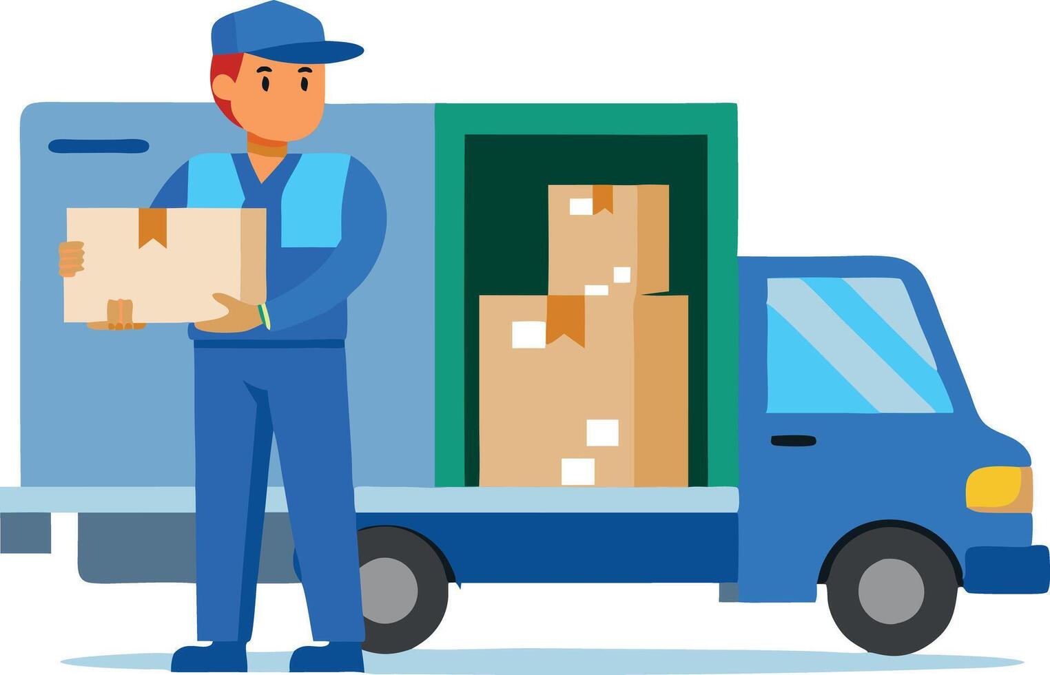 A man is standing next to a blue truck with boxes on it vector