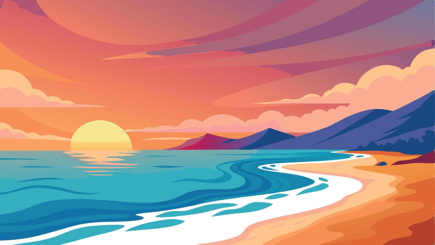 A beautiful beach scene with a sunset in the background vector