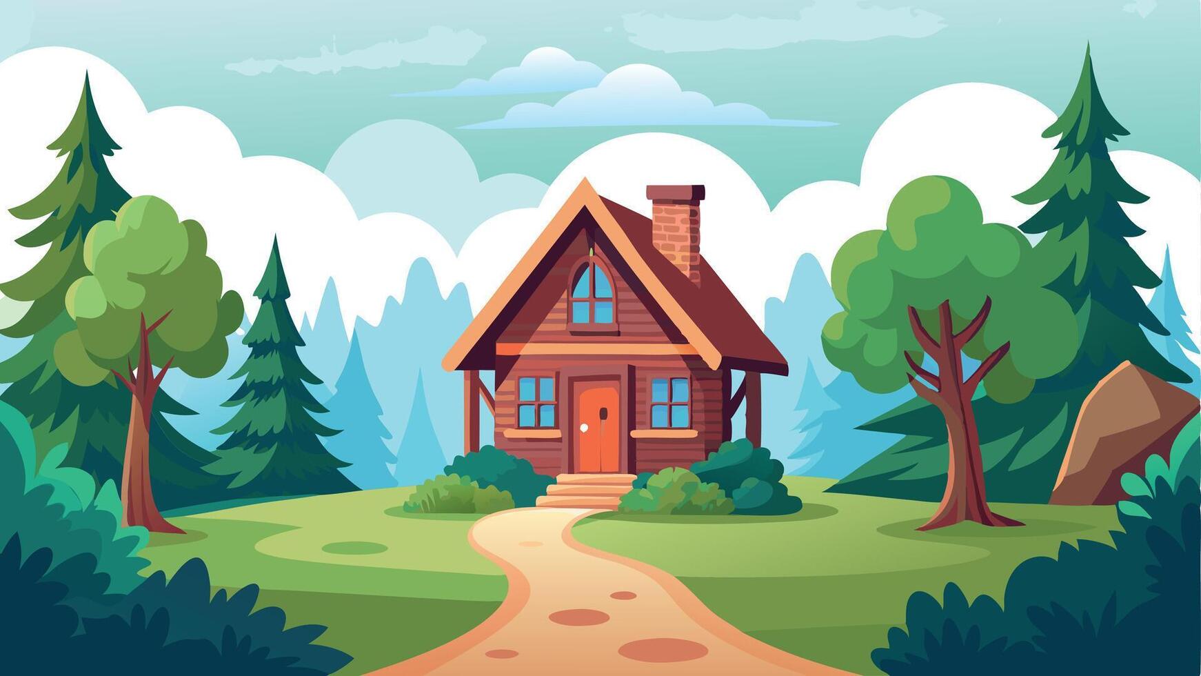 A house with a porch and a chimney sits in a forest vector
