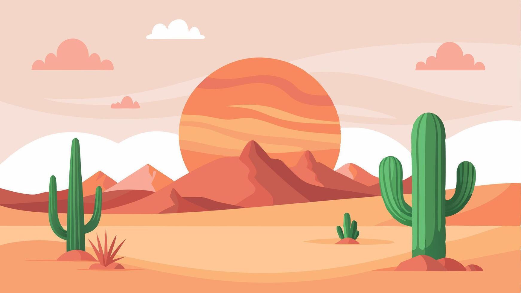 A desert scene with a cactus and a sun in the sky vector
