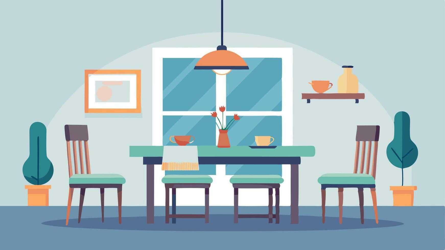 A cartoonish drawing of a dining room with a table and chairs vector