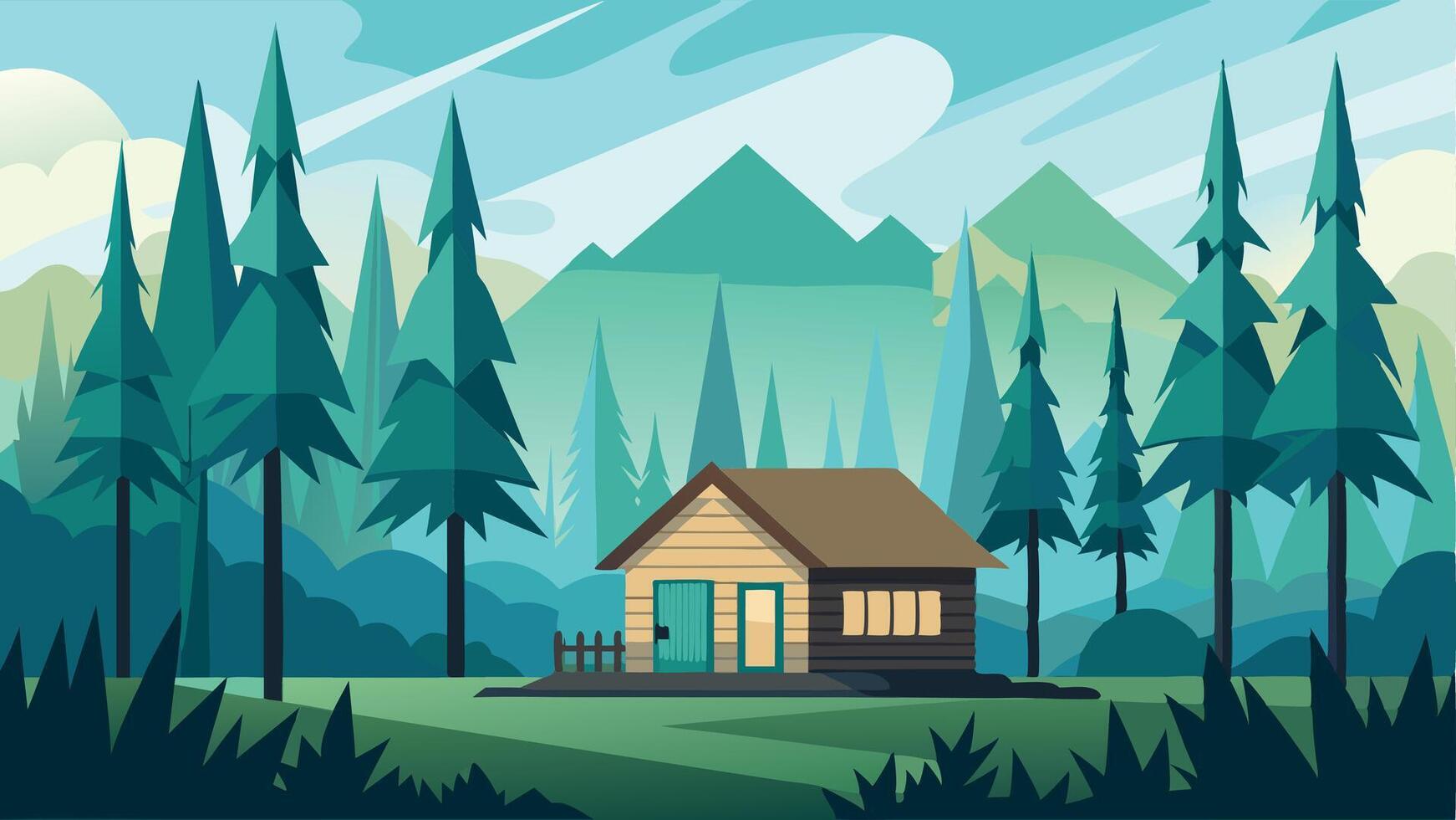 A cabin in the woods with a view of mountains vector