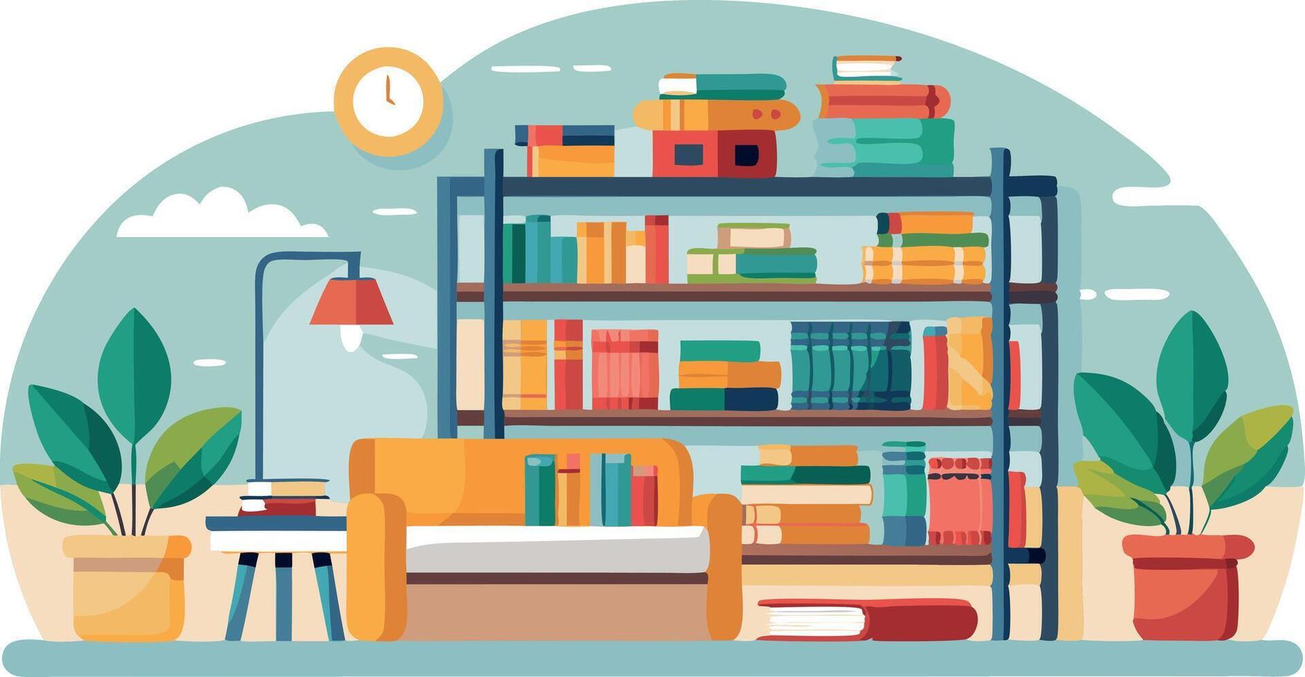 A colorful bookcase with a clock on the wall vector