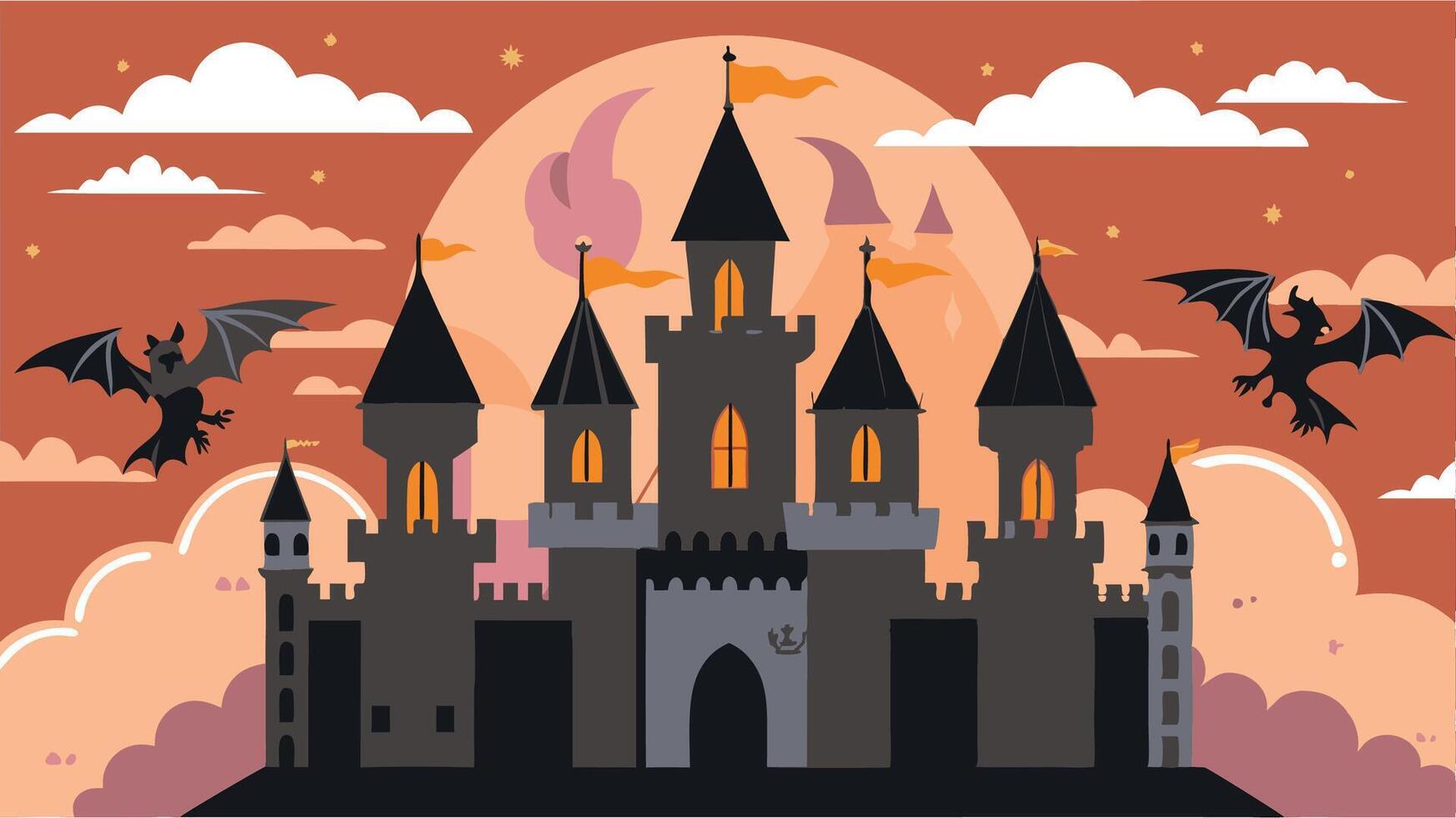 A castle with a dragon flying over it vector