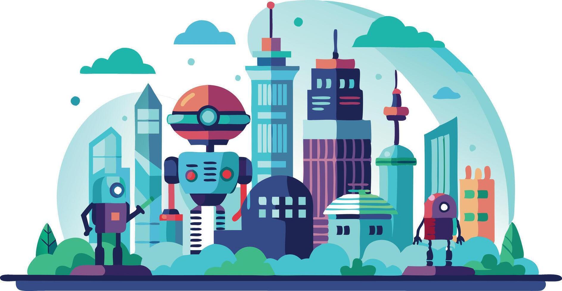 A cityscape with robots and buildings vector
