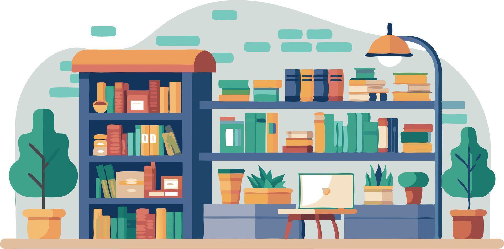 A bookcase with many books and a computer on a desk vector