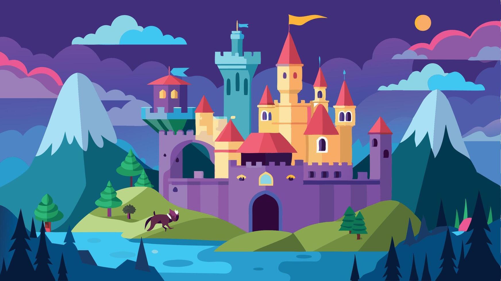 A castle with a red roof and a blue tower is shown in the background vector