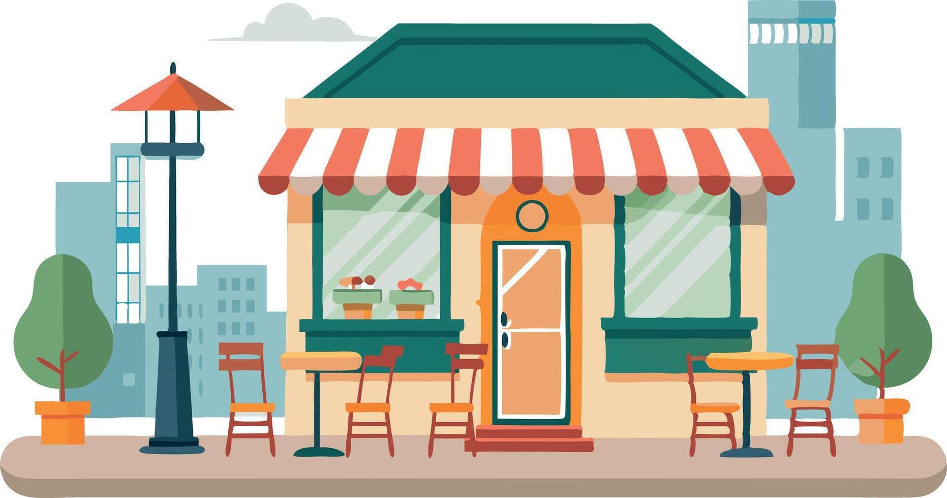 A colorful storefront with a red and white awning and a green roof vector