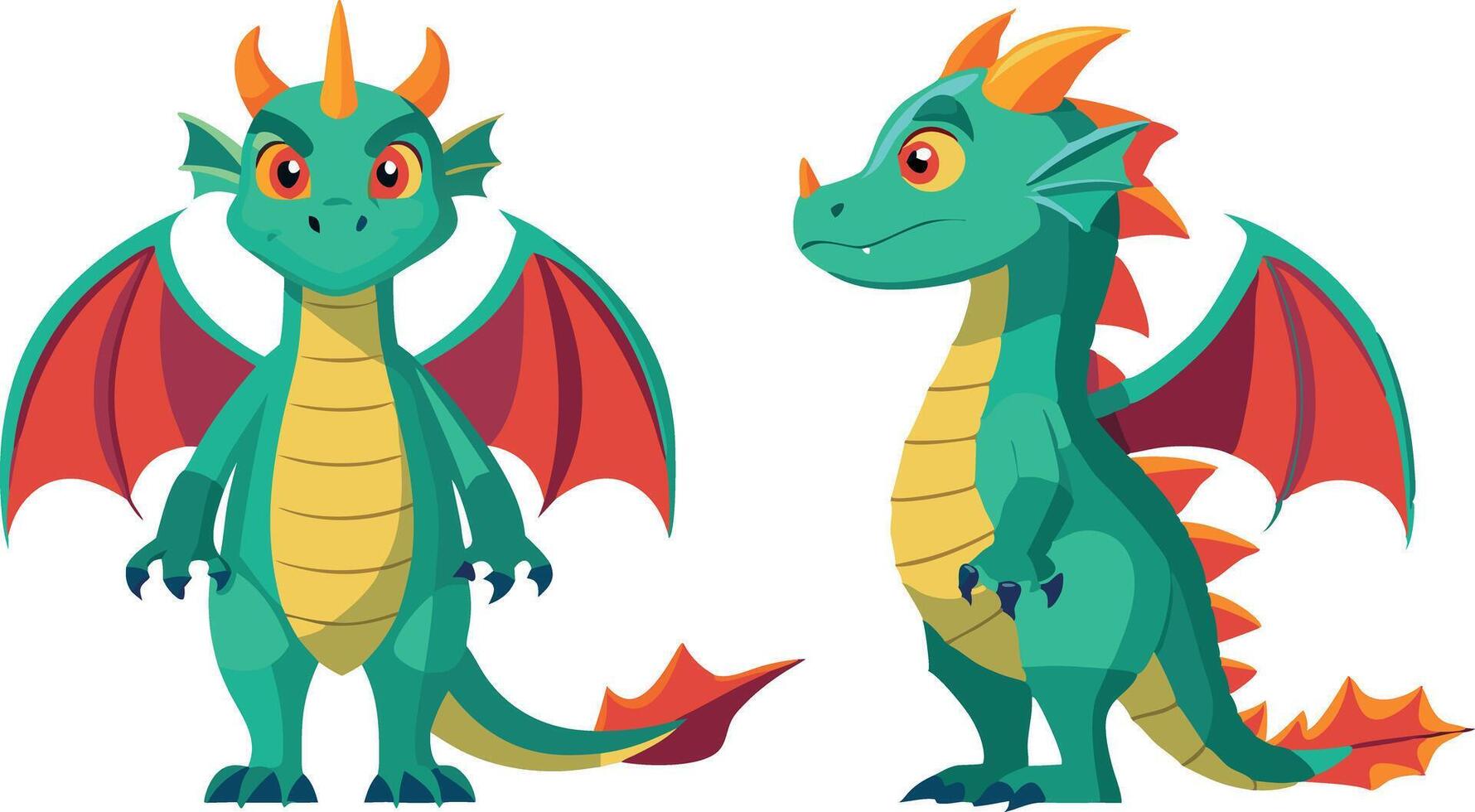 A green dragon with red wings stands in front of a white background vector