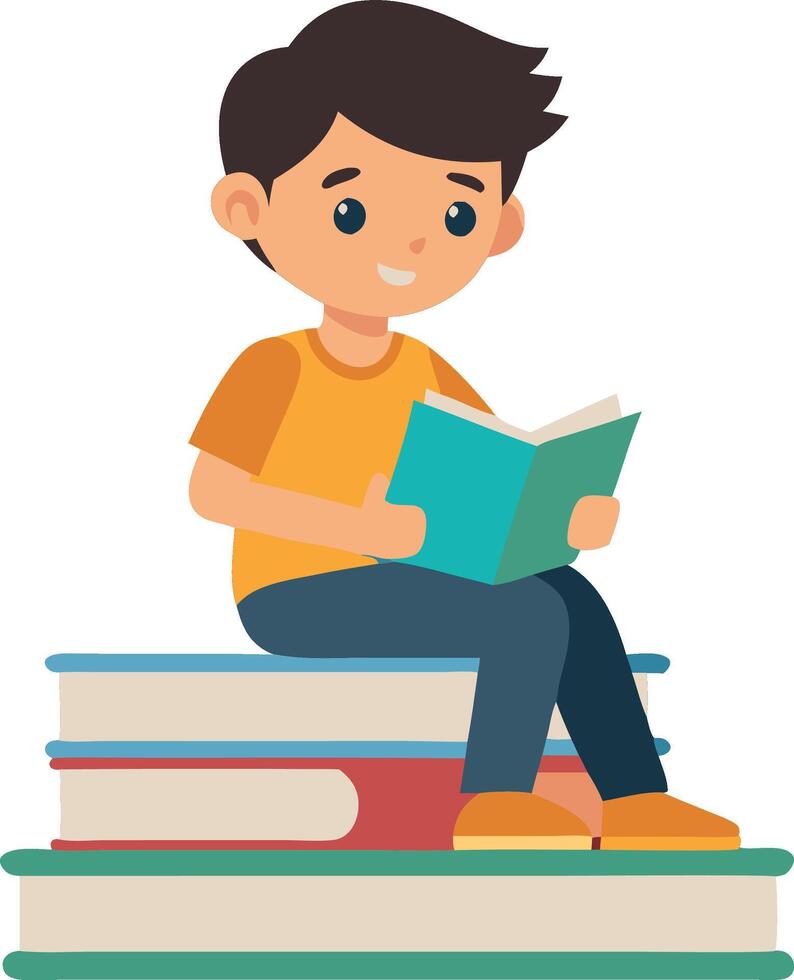 Illustration of young boy sitting on books and reading a book vector