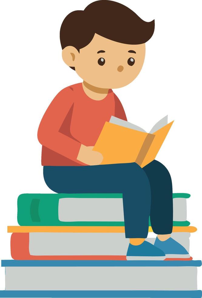 Illustration of young boy sitting on books and reading a book vector