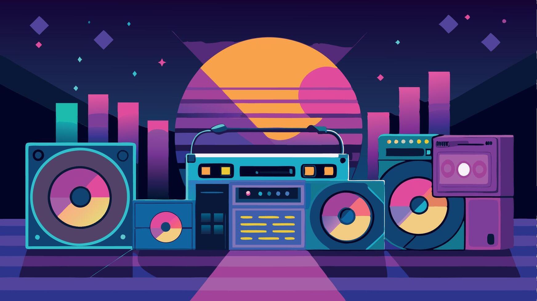 The poster features a variety of electronic equipment, including a boombox vector