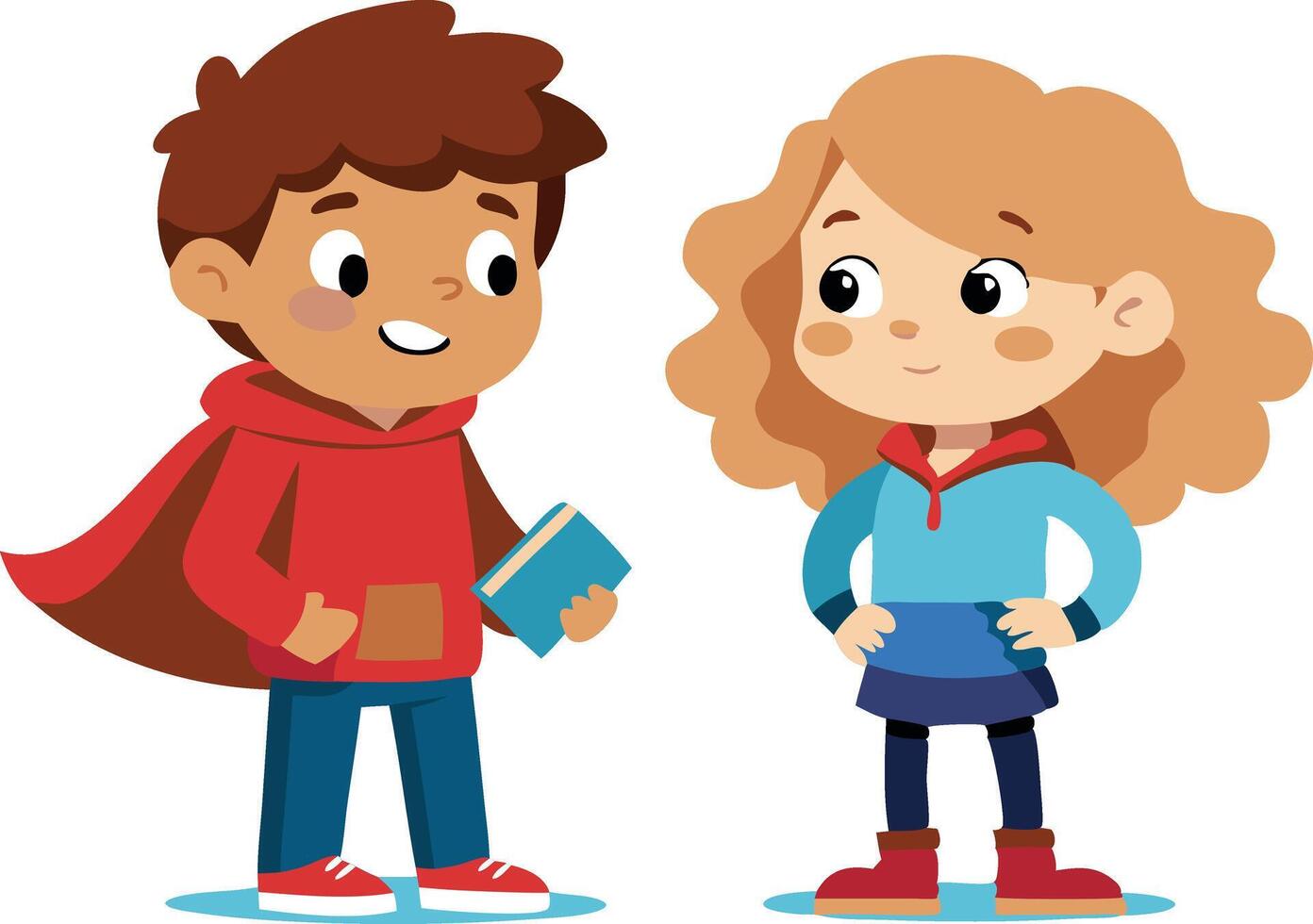 Cute cartoon children with book standing and smiling at each other in casual clothing vector