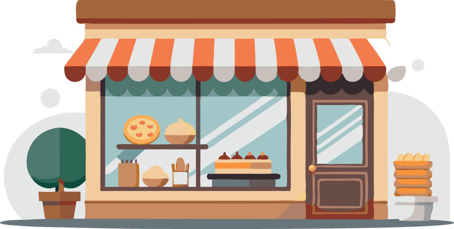 A bakery shop with a red and white striped awning vector