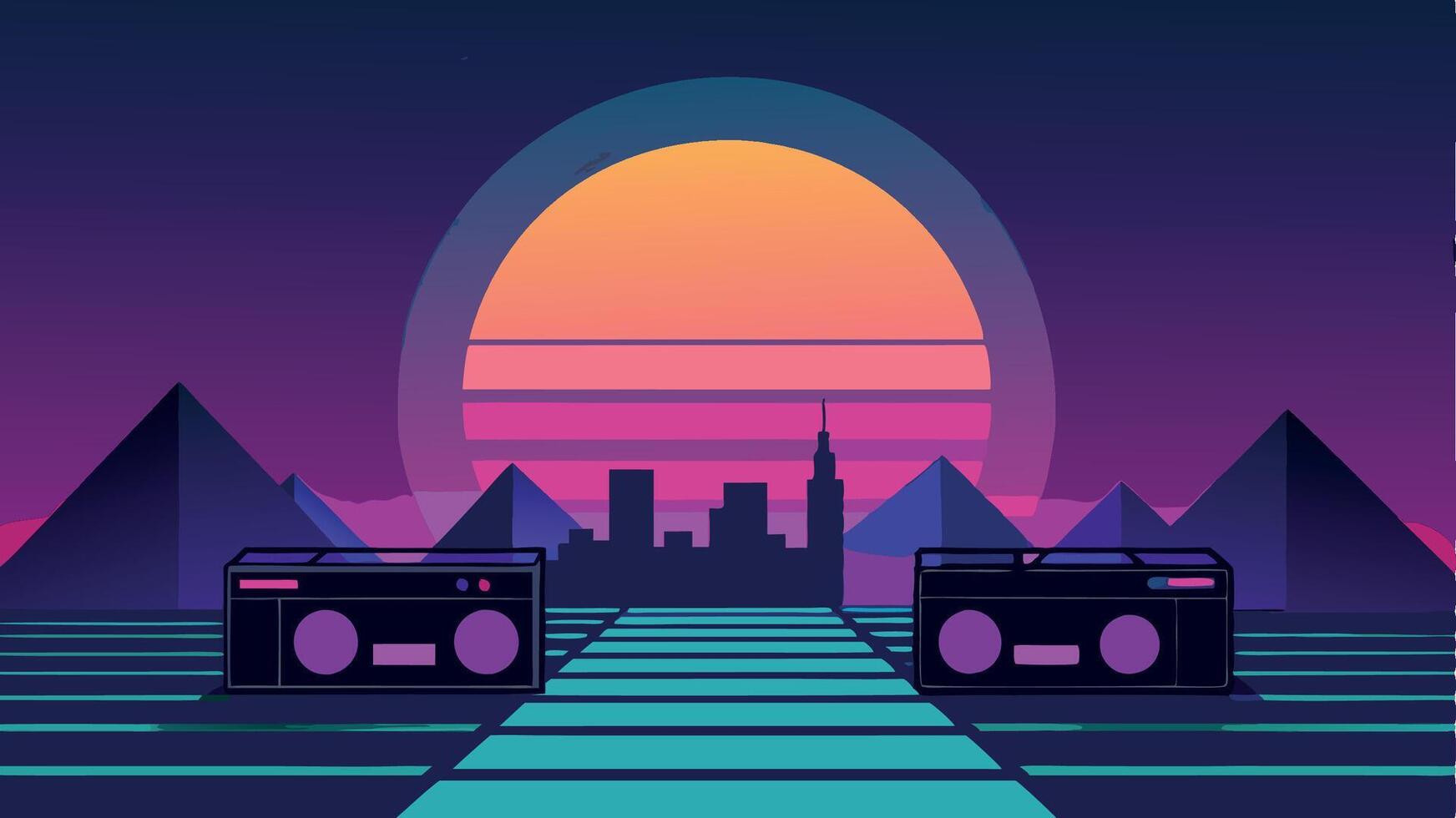 A neon cityscape with two cassette tapes on a walkway vector