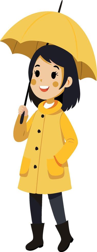 Happy girl in yellow raincoat and umbrella enjoying rainy weather during autumn season vector