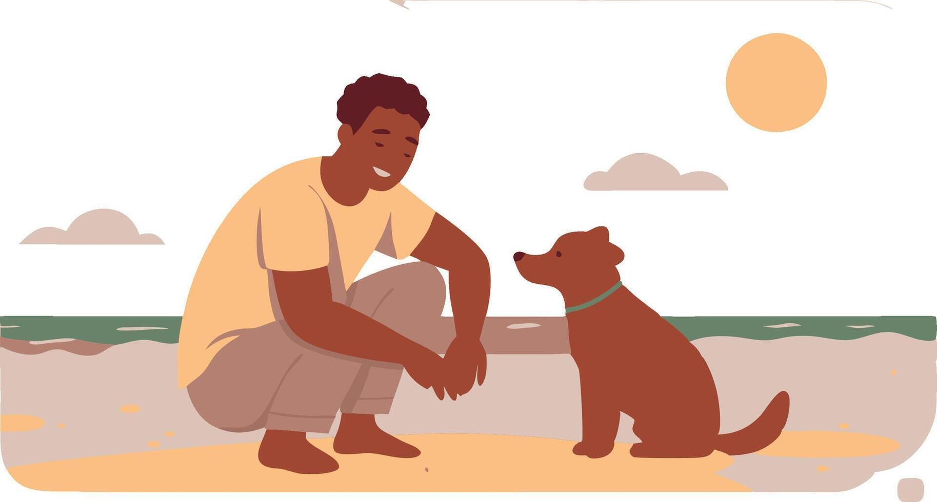 A man is sitting on the beach with a dog vector