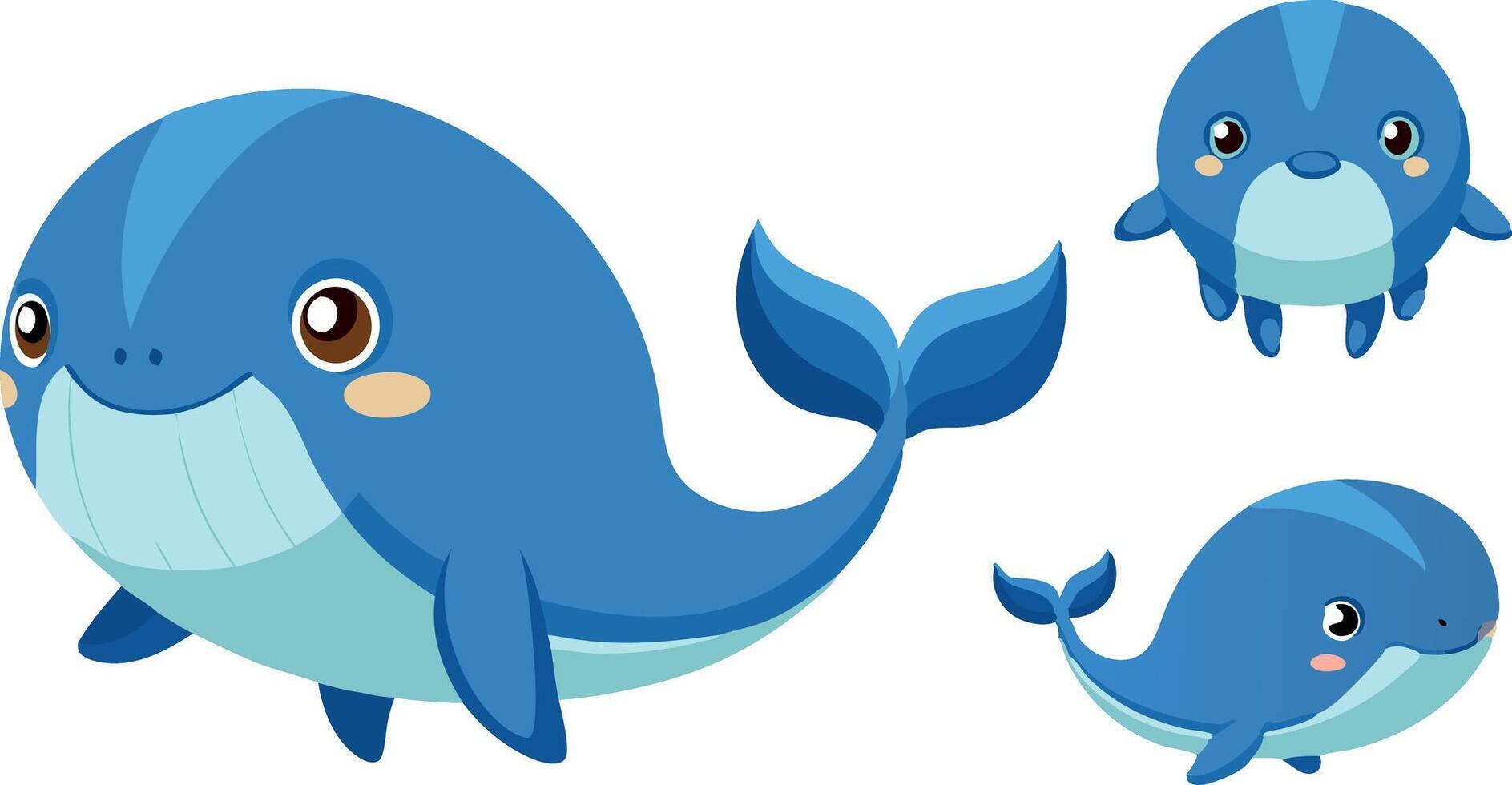 Three cartoon whales are shown in different sizes, with one being the largest vector
