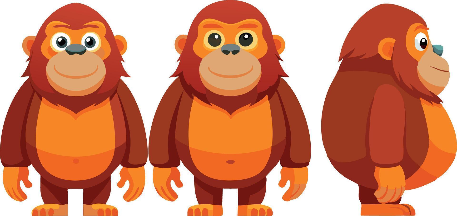 Three cartoonish drawings of a monkey, each with a different pose and expression vector