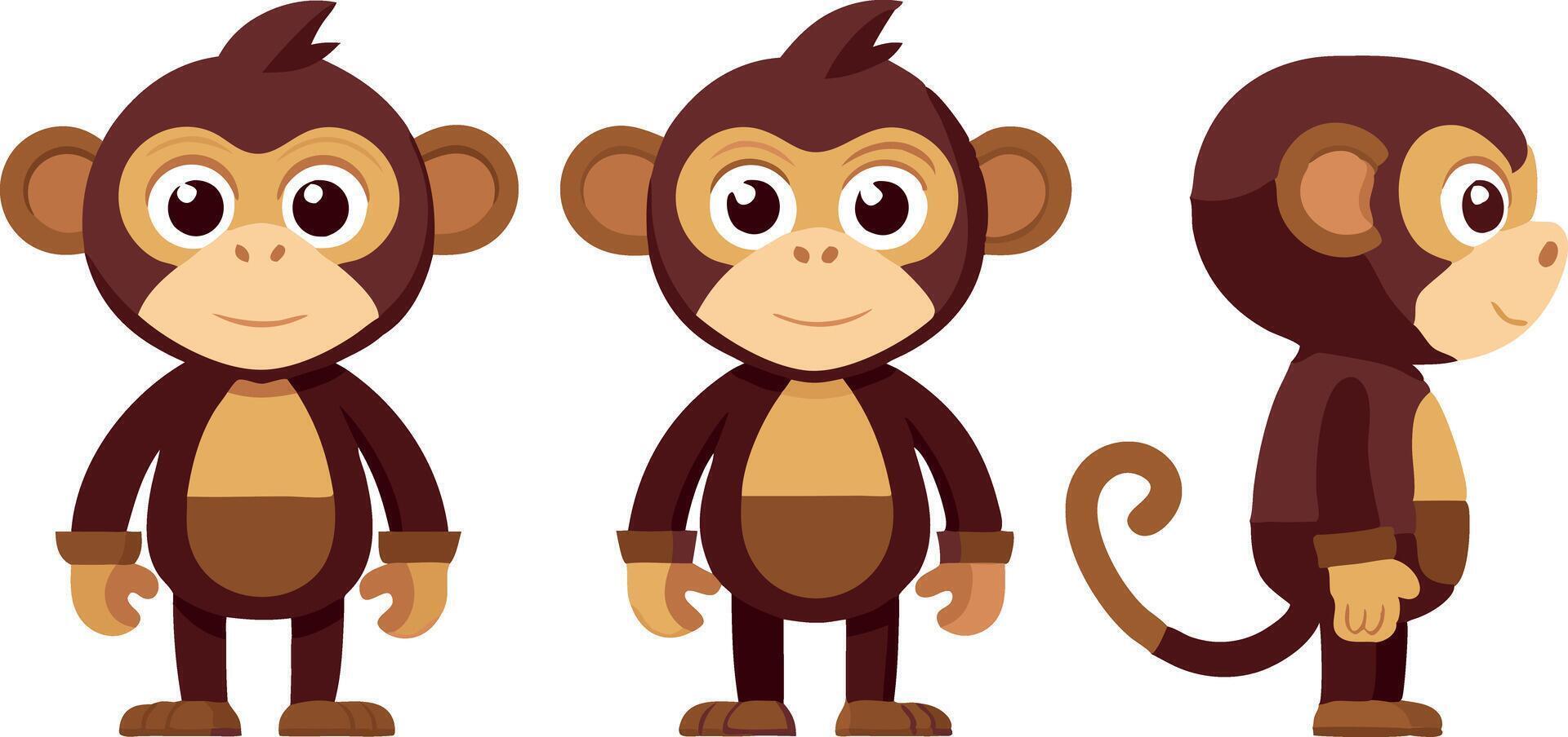 Three cartoon monkeys are shown in different poses vector