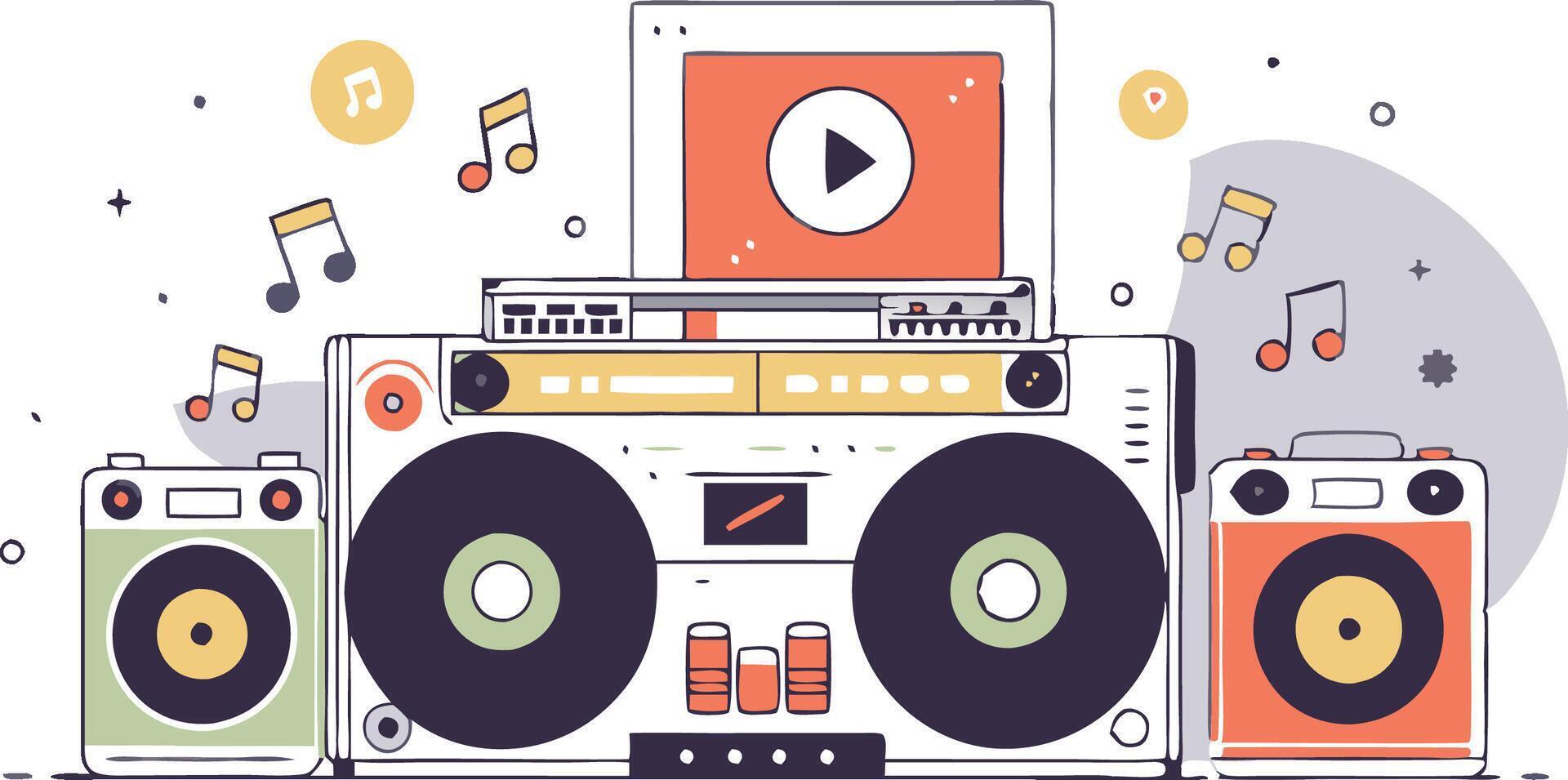 A cartoon drawing of a boombox with a playing on it vector