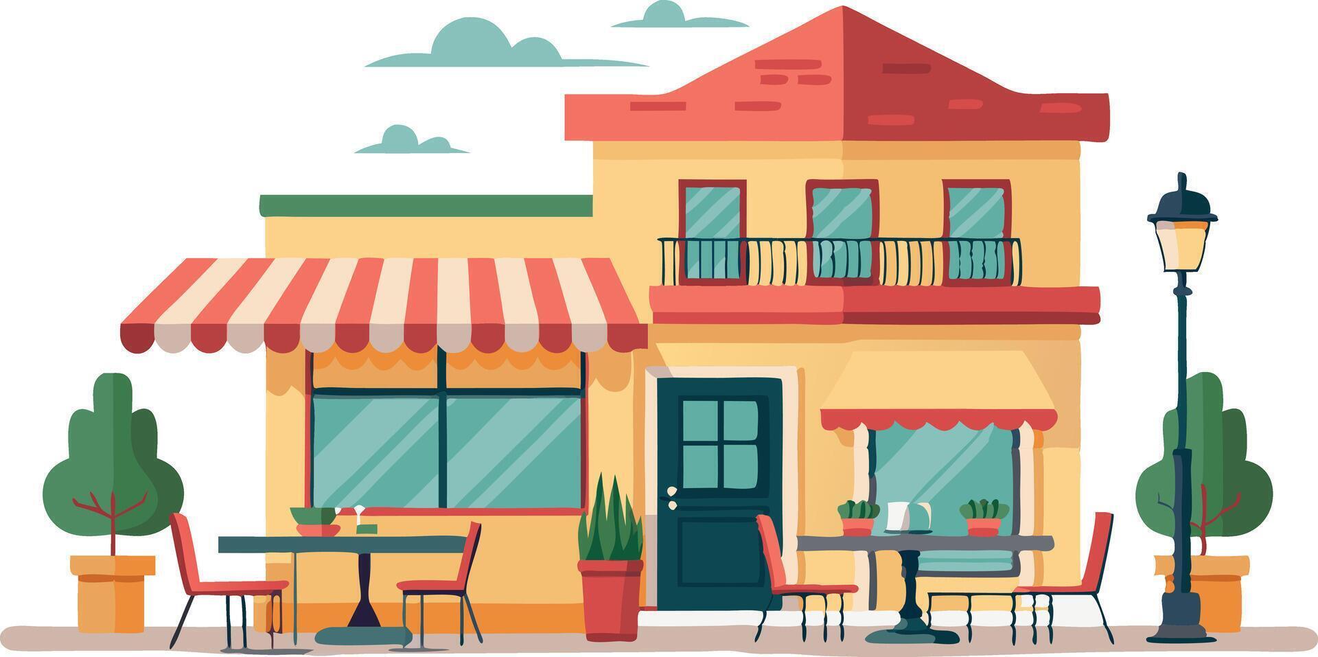 A yellow and red building with a red awning and a black door vector
