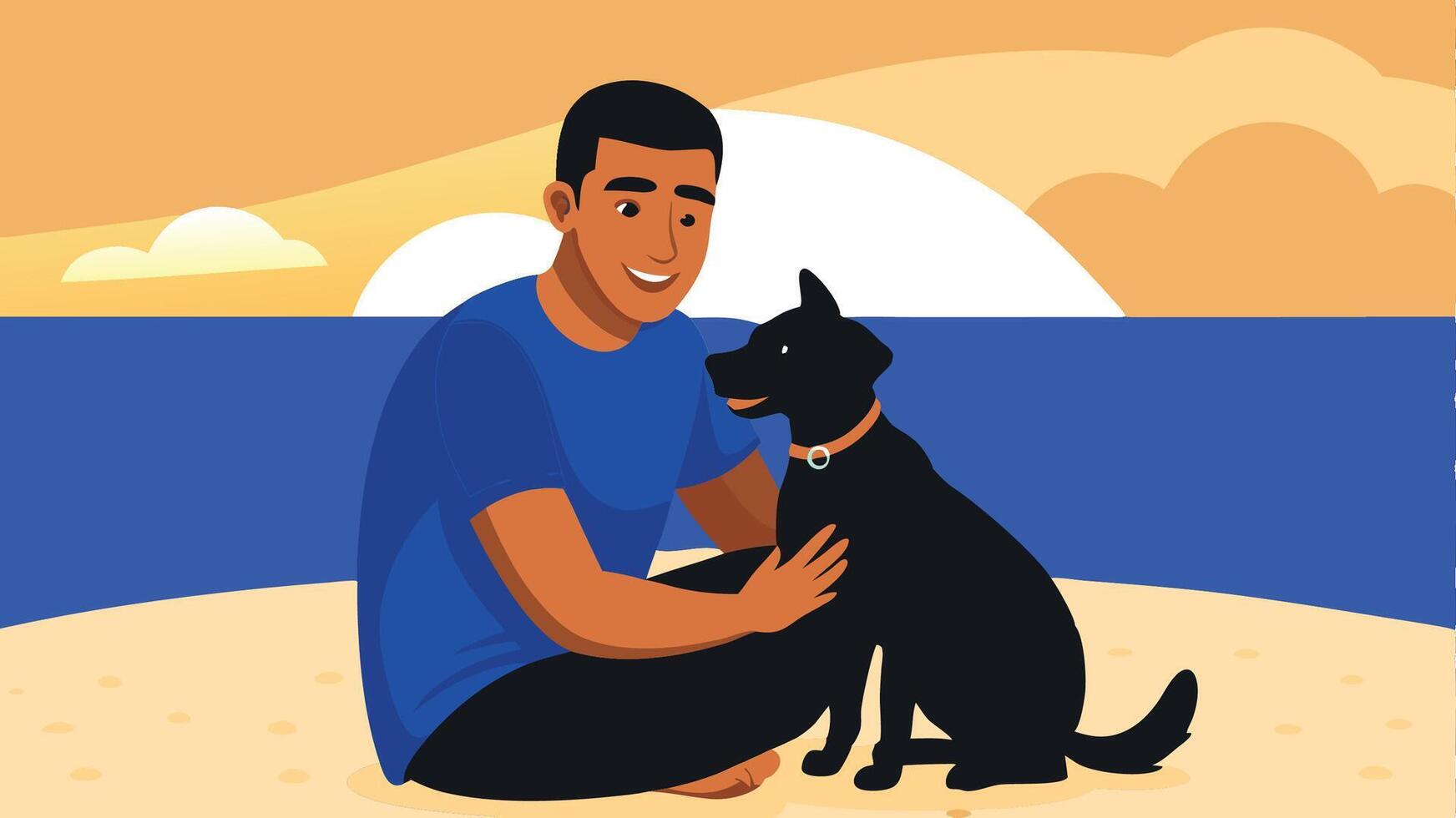 A man is sitting on the beach with a black dog vector