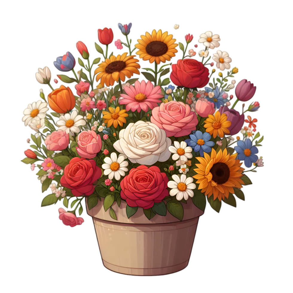 Flower bouquet in a pot on transparent background png