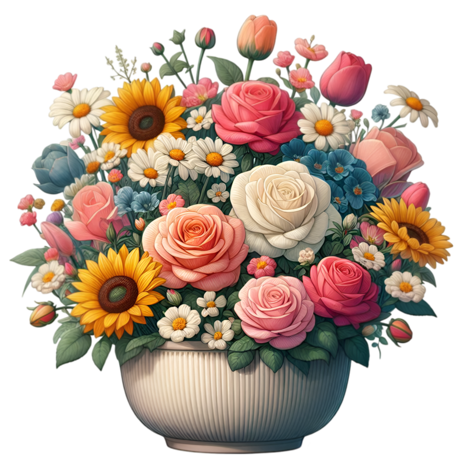 Bouquet of flowers in a vase on transparent background png