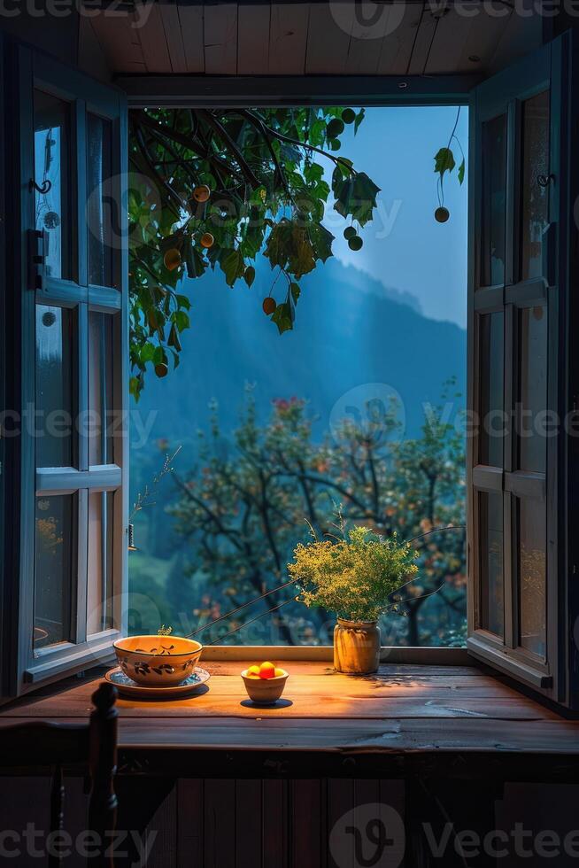 Open Window with Night Sky View, A Serene Nocturnal Scene photo