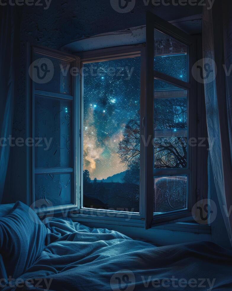 Open Window with Night Sky View, A Serene Nocturnal Scene photo