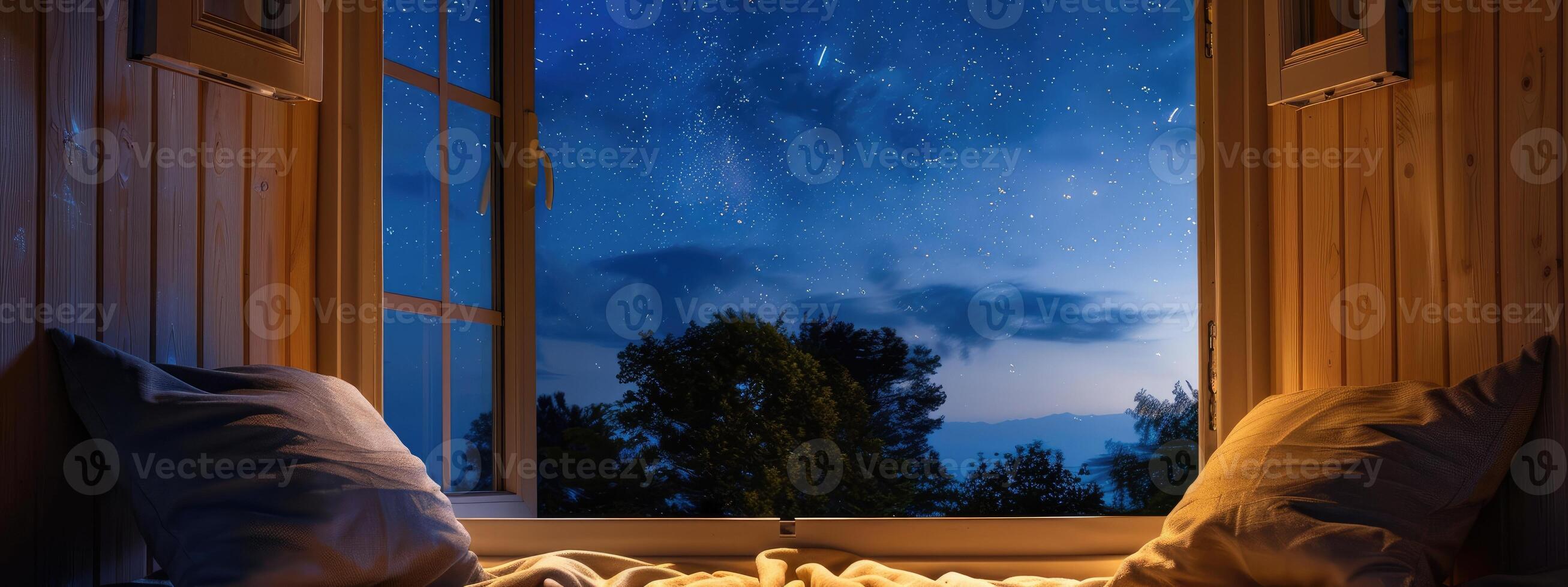 Open Window with Night Sky View, A Serene Nocturnal Scene photo