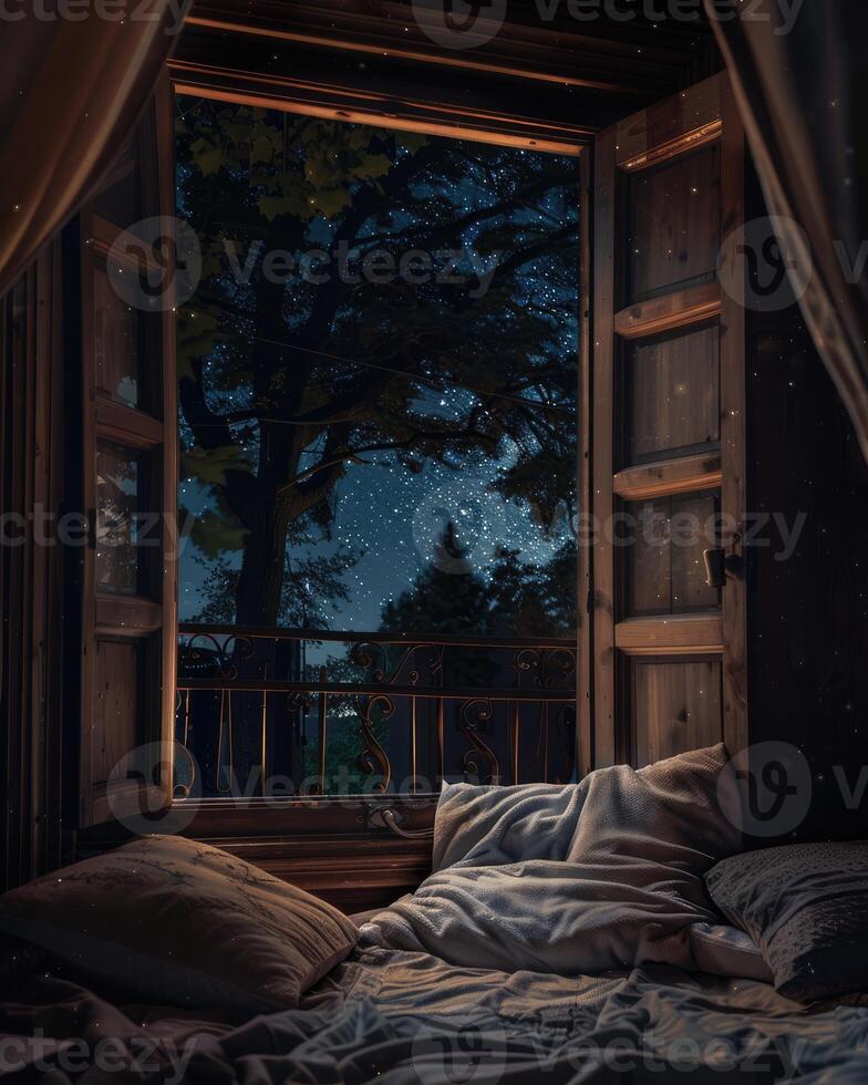 Open Window with Night Sky View, A Serene Nocturnal Scene photo