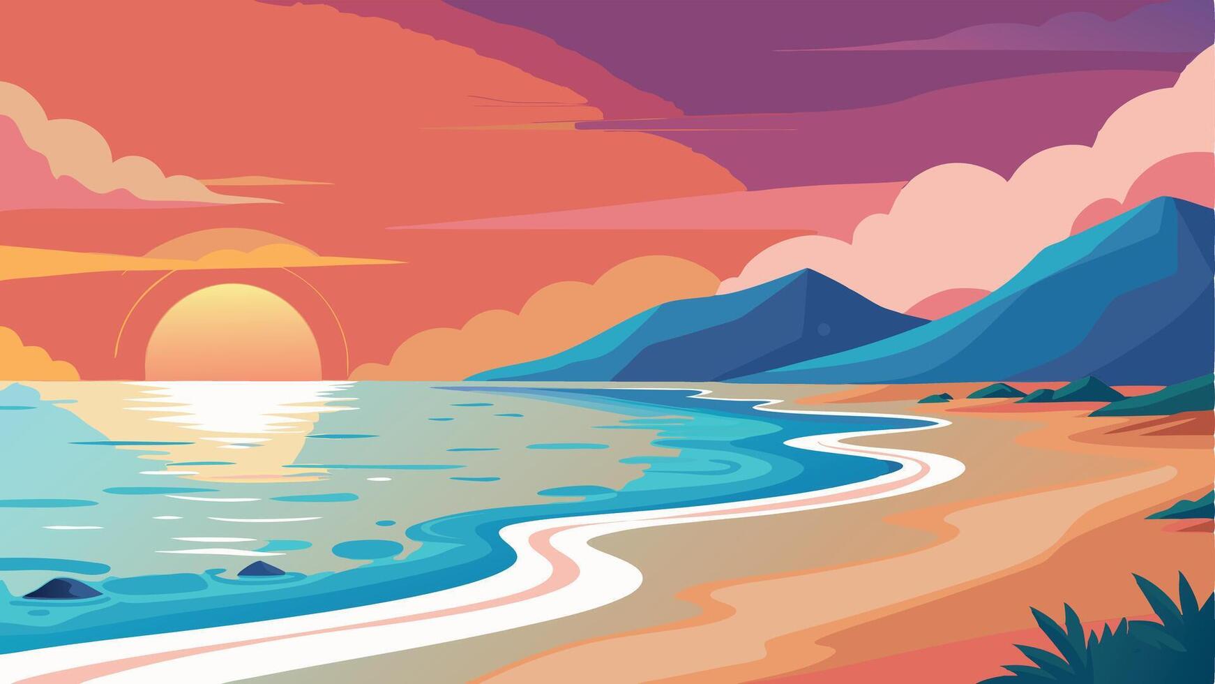 A beautiful beach scene with a sunset in the background vector
