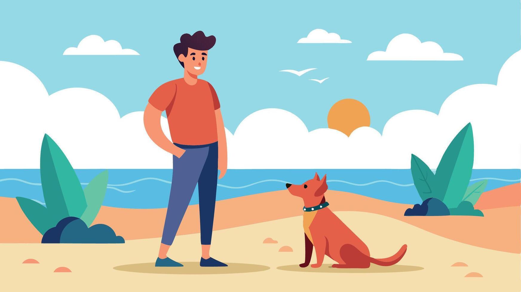 A man is standing next to a dog on a beach vector