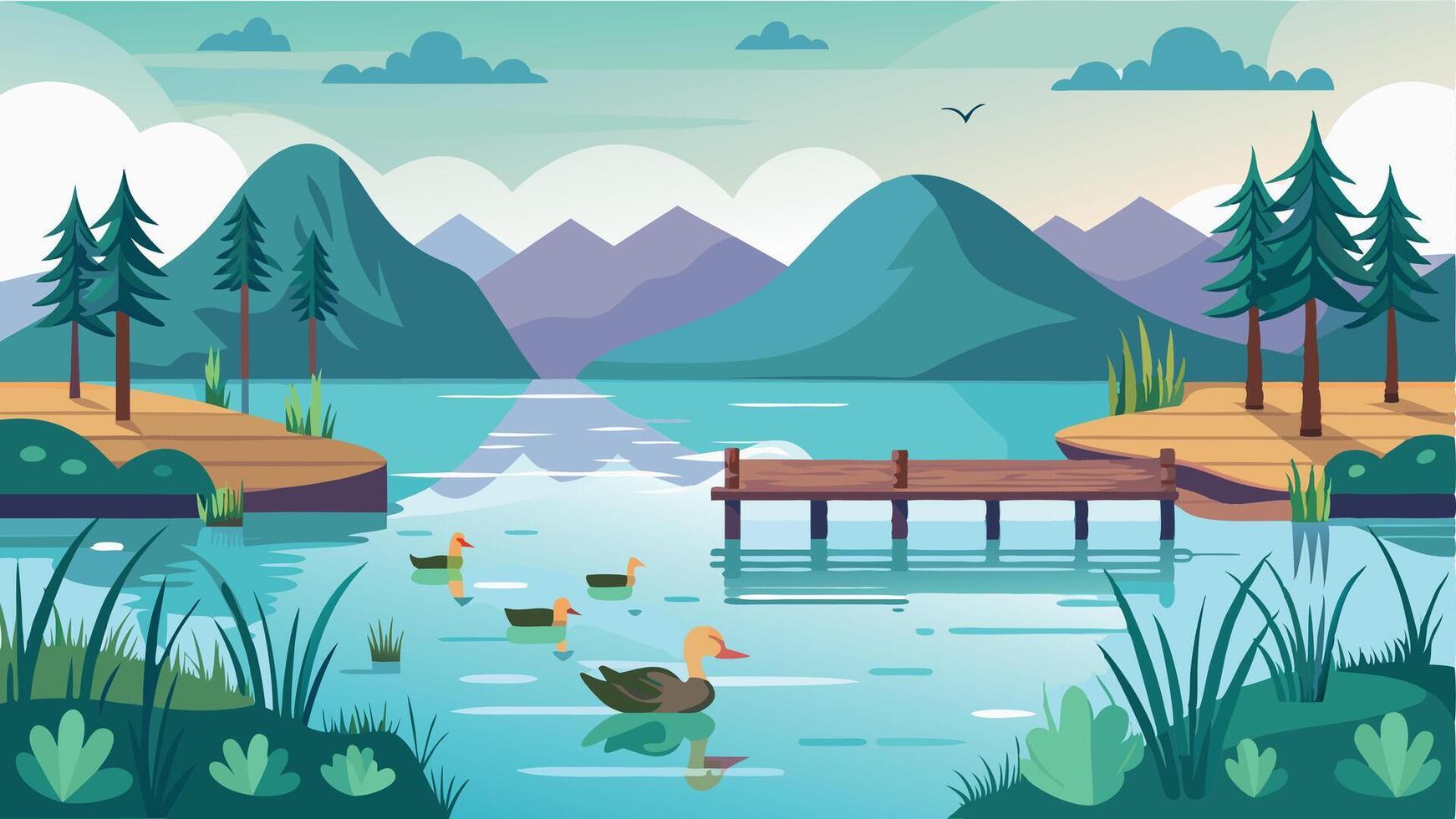 A serene lake with a wooden pier and a few ducks swimming in the water vector