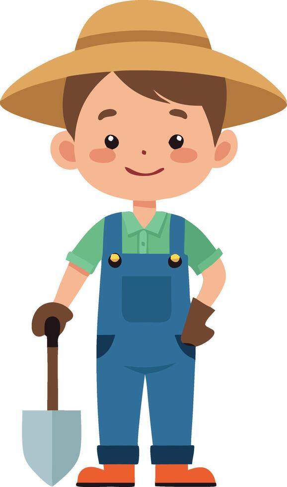 Cartoon farmer boy holding a shovel wearing a hat and overalls on a white background vector