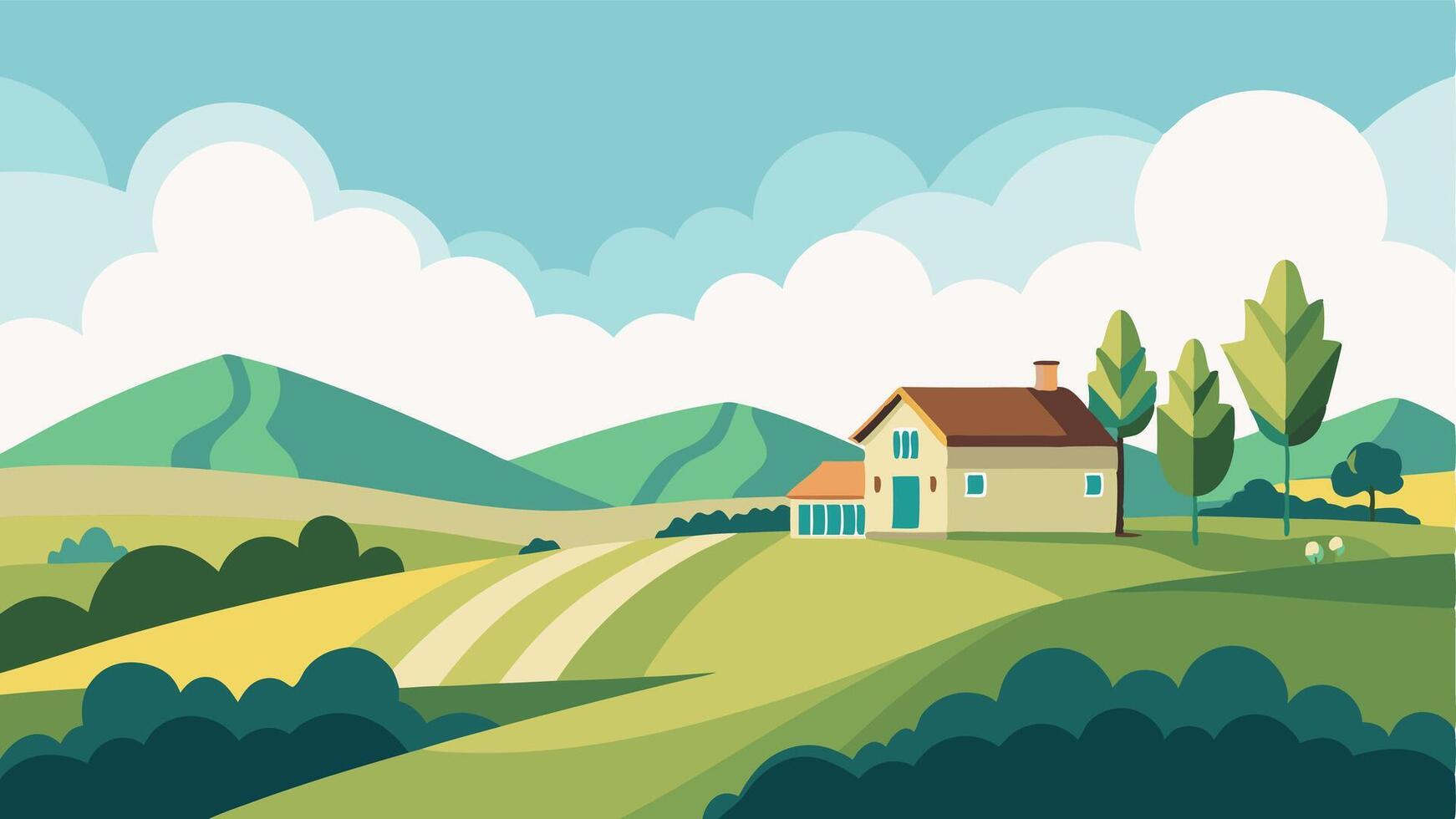 A house sits on a hillside in a rural area vector