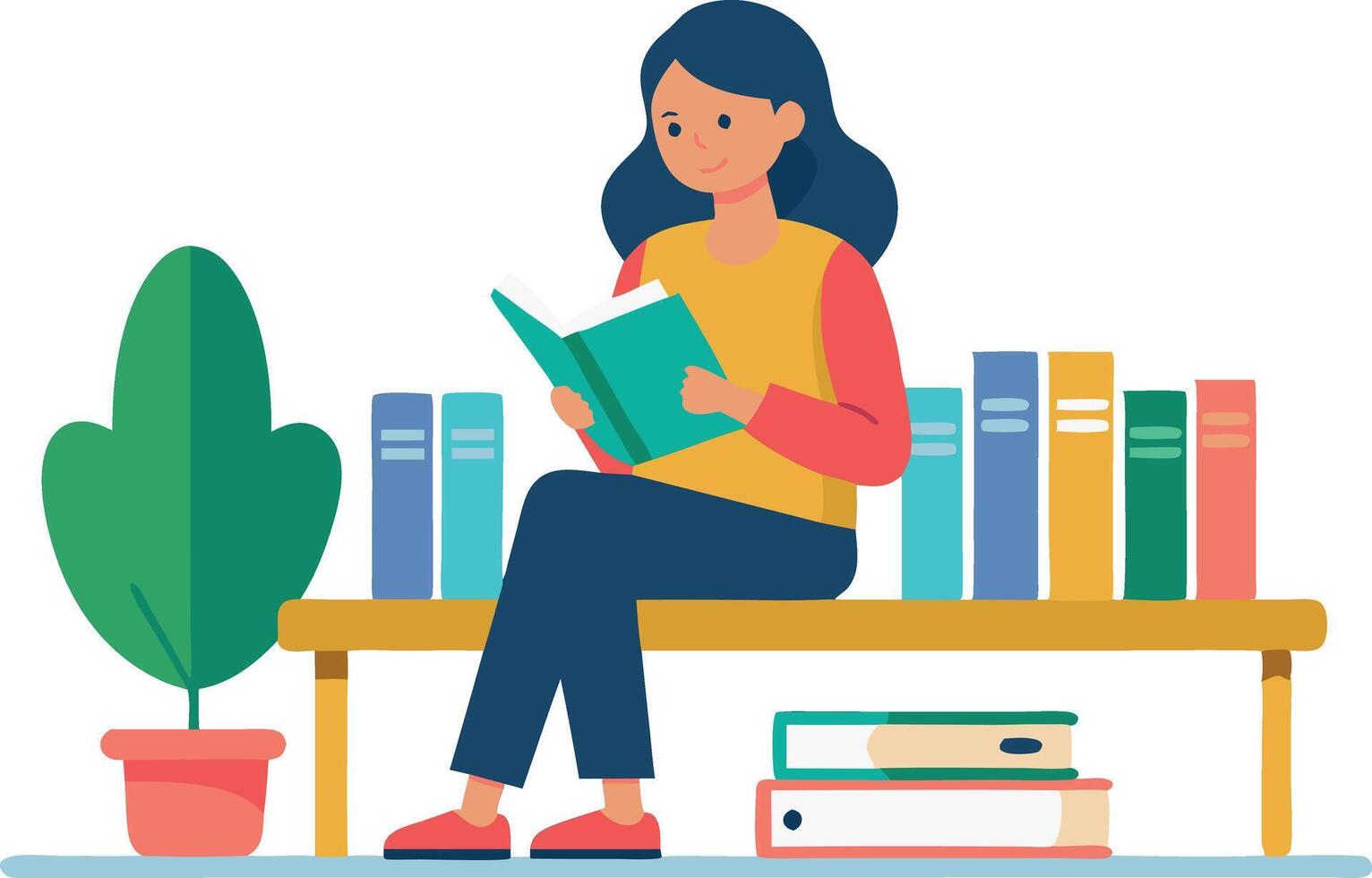 A woman is sitting on a bench reading a book vector