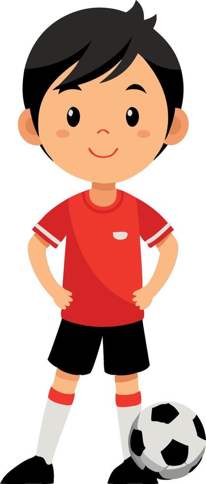 Cartoon boy in red soccer jersey with ball on white background vector