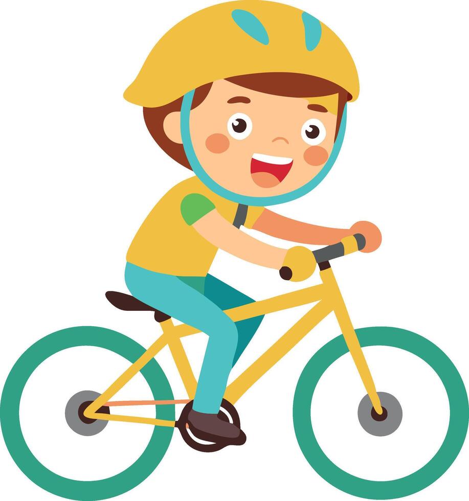 A young boy is riding a bicycle with a yellow helmet vector