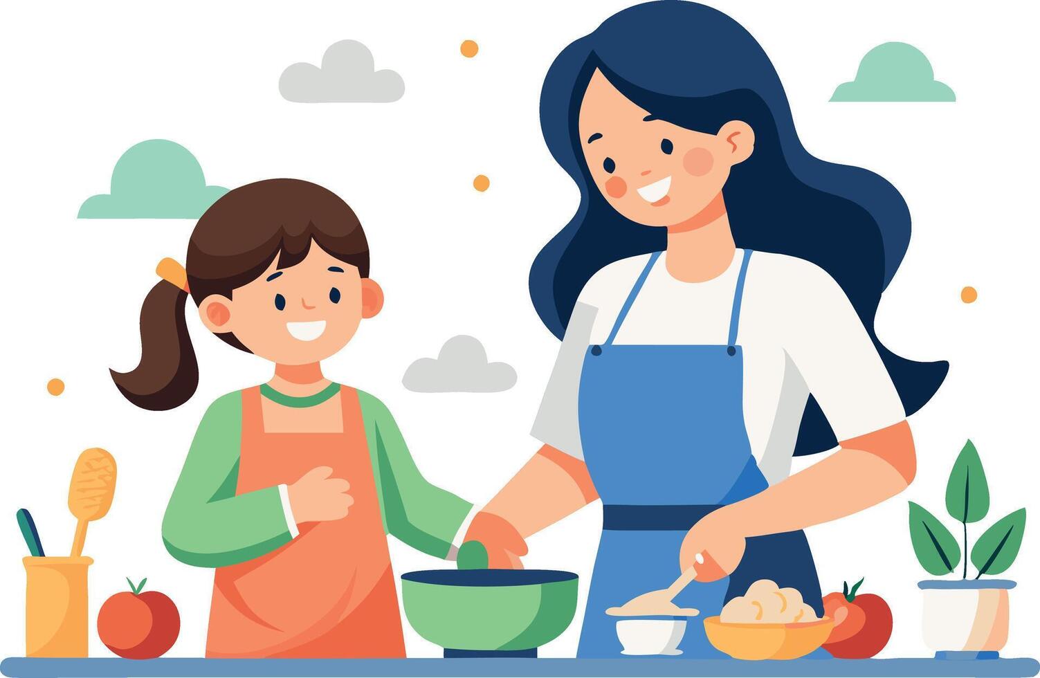 A woman is cooking with a child vector
