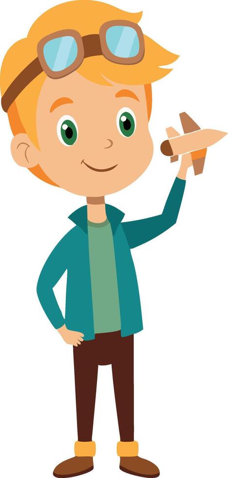 Cute cartoon boy with toy airplane wearing aviator goggles and jacket isolated on white background vector