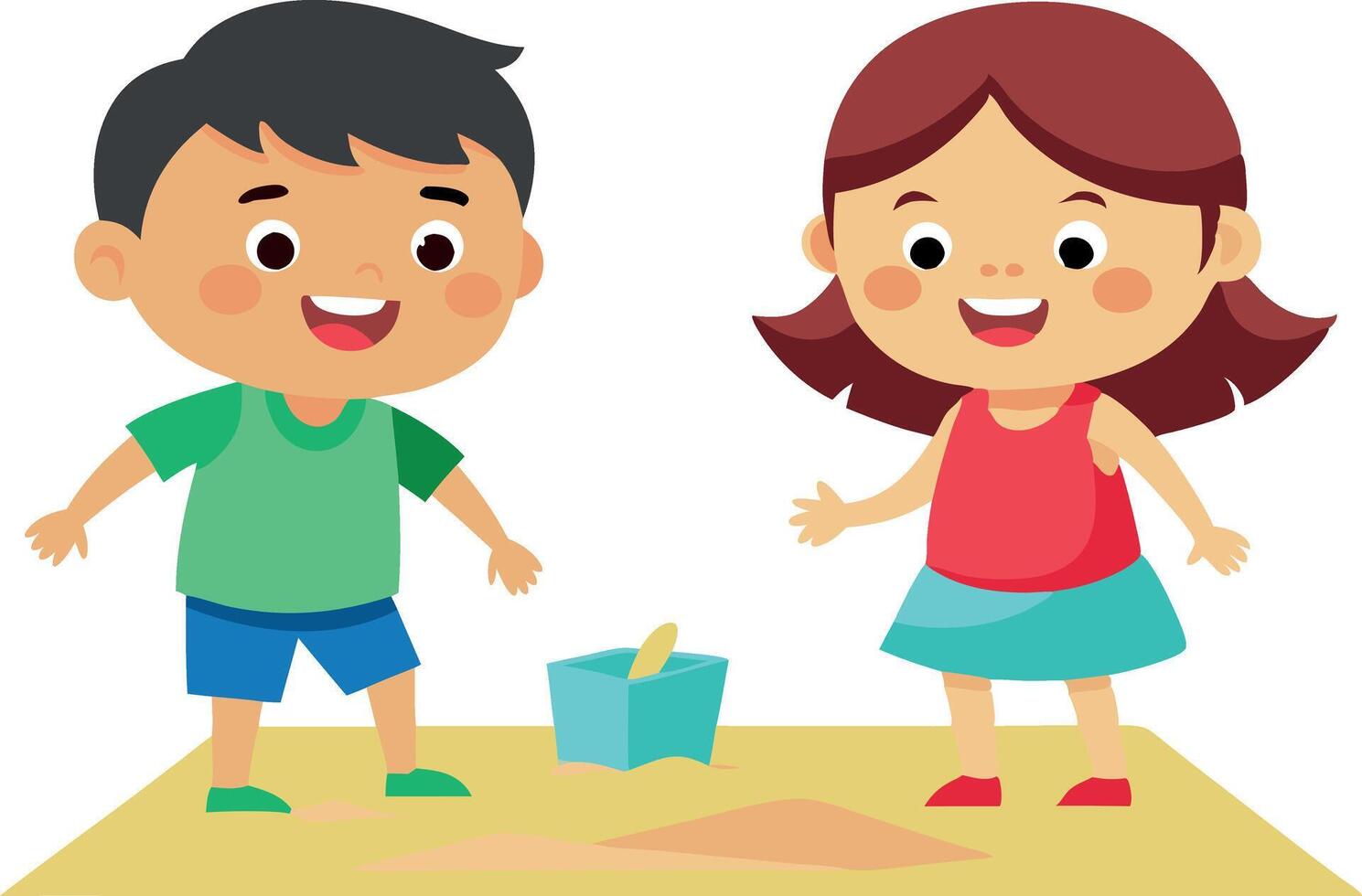 Illustration of happy children playing in a sandbox with bucket and shovel vector
