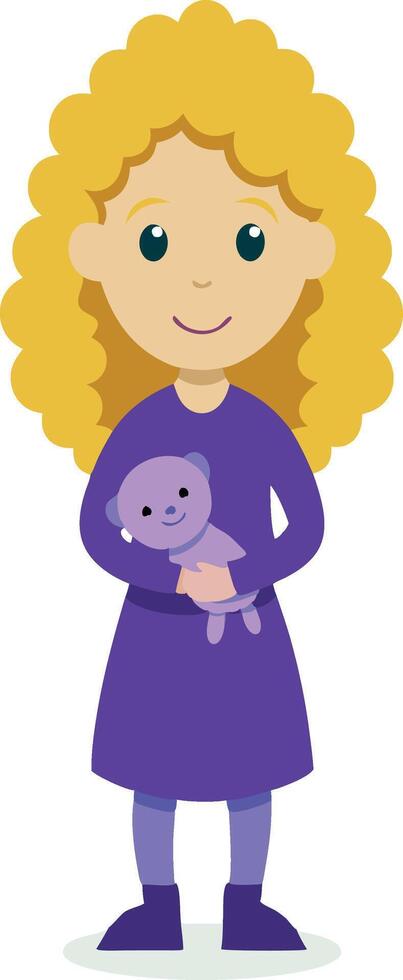 Illustration of a young girl with curly hair holding a teddy bear, standing and smiling vector