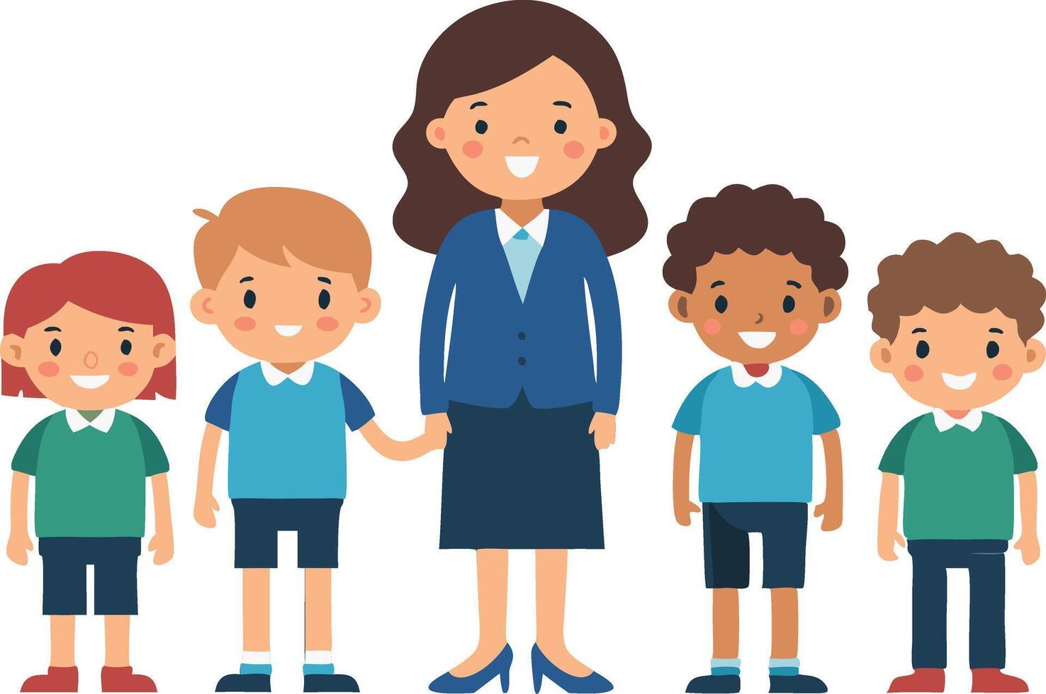 A group of children are standing in a line with a woman in a blue suit vector