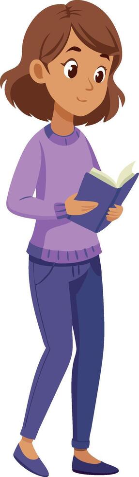Cartoon girl reading a book with a focused expression in casual clothing vector