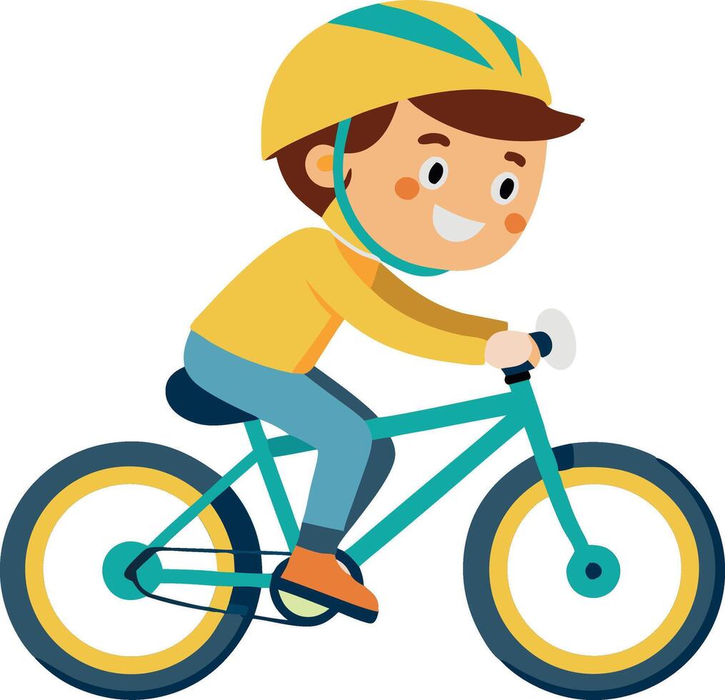 A young boy is riding a bicycle with a yellow helmet vector
