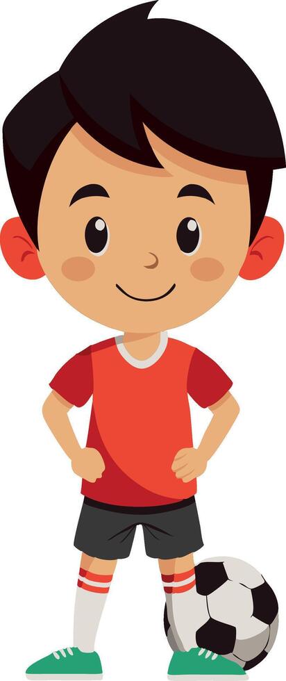 Cartoon boy in red soccer jersey with ball on white background vector